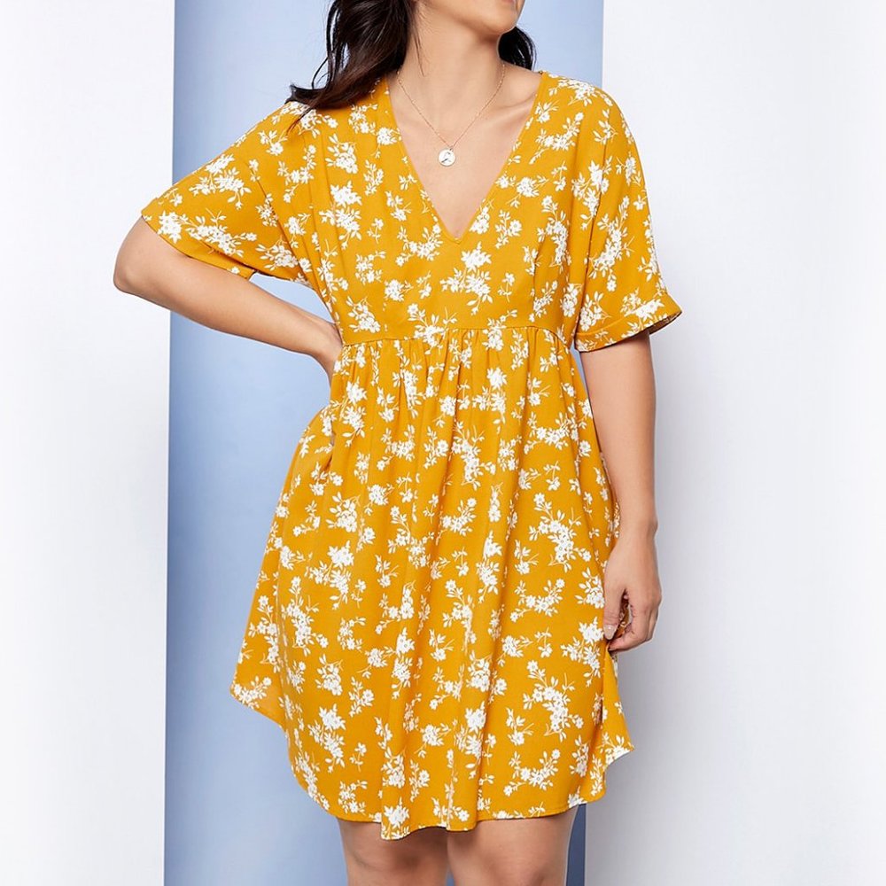 Ditsy Floral BOHO Mustard Yellow Plus Size Dress - Picture 2 of 10
